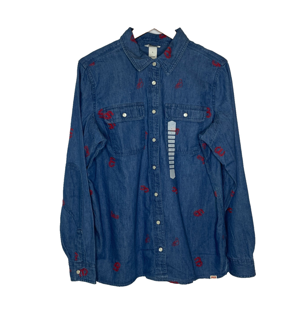 Women's Large Duluth Trading Denim Western Embroidered Snap Button Shirt NEW